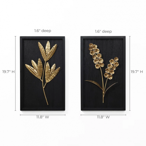 gold flowers and plants with black wood back and frame wall decor