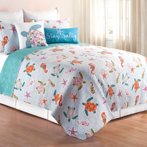 st. kitts cotton reversible coastal beach turtle reversible quilt set