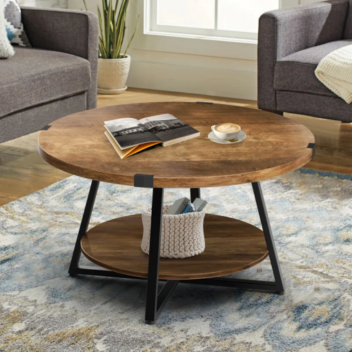 jahaira round coffee table with 2 tier storage shelves