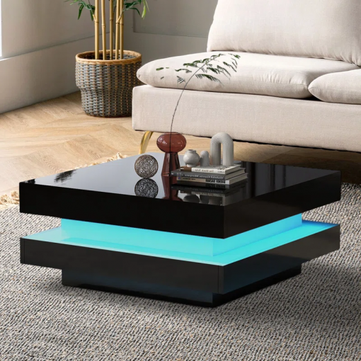 deontea pedestal high gloss minimalist design with led lights, 2 tier square coffee table, center table, living room table