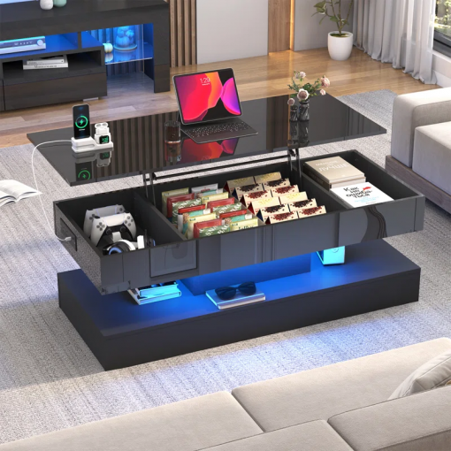 47.2" large lift top led modern high glossy coffee table with charging station