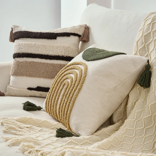 tufted throw pillow cover with handwoven stripes, linen cotton decorative cushion case, 18x18 inch set of 1