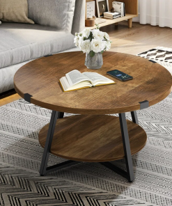 jahaira round coffee table with 2 tier storage shelves