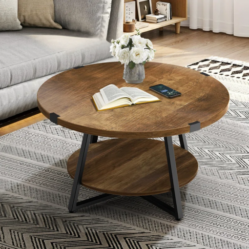 jahaira round coffee table with 2 tier storage shelves