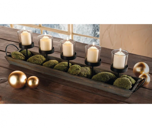 5 pillar candelabra centerpiece with glass cups and rustic wood tray
