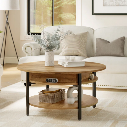 wynny 27"w round lift top wood coffee table with storage