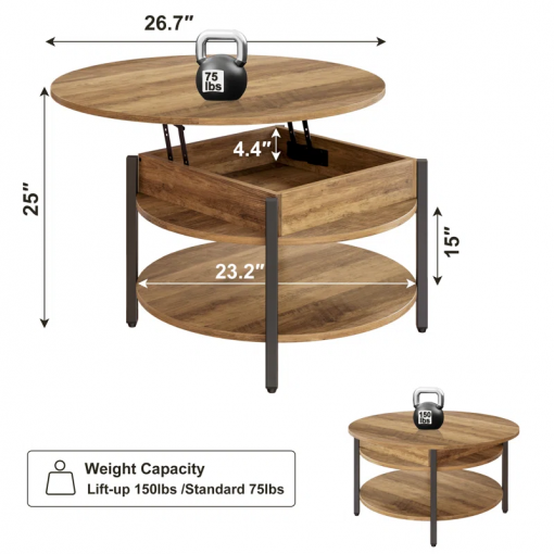 wynny 27"w round lift top wood coffee table with storage