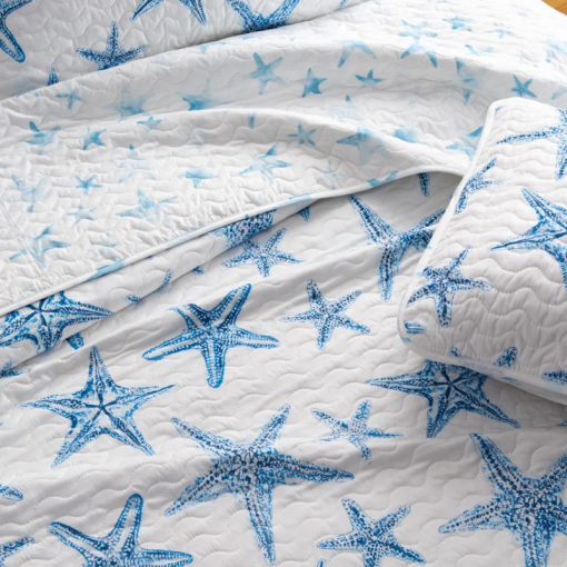 nautical blue starfish reversible quilt set with shams