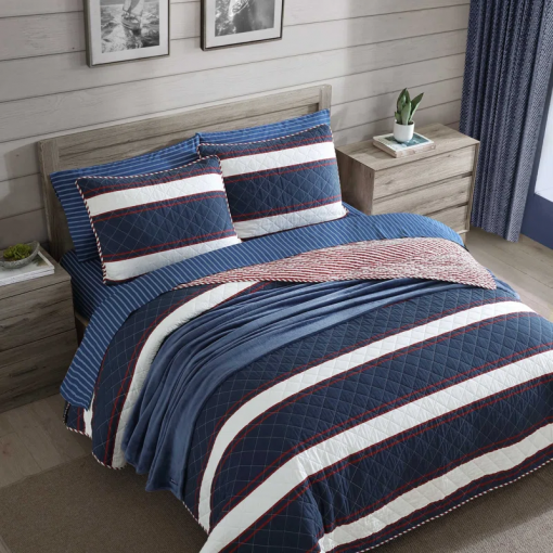 prospect harbor wesley blue cotton reversible quilt set