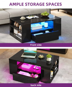 led high gloss finish coffee table with 2 drawers open shelves storage