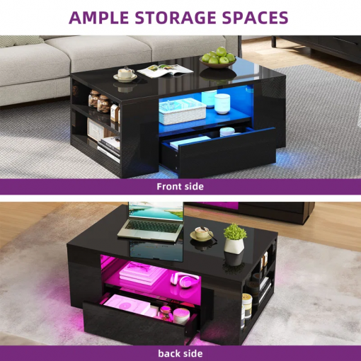 led high gloss finish coffee table with 2 drawers open shelves storage