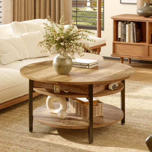 wynny 27"w round lift top wood coffee table with storage