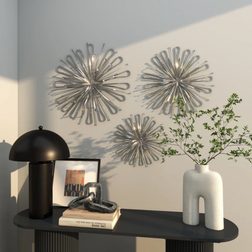 3 piece metal starburst wall decor with orb detailing set