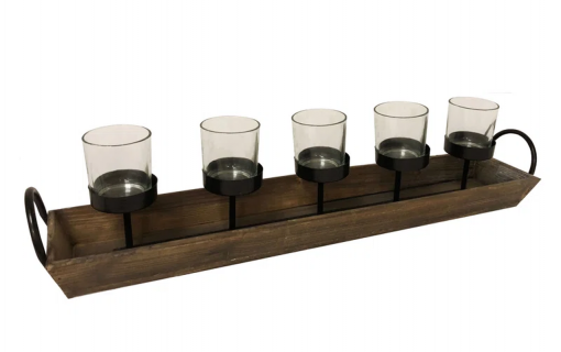 5 pillar candelabra centerpiece with glass cups and rustic wood tray