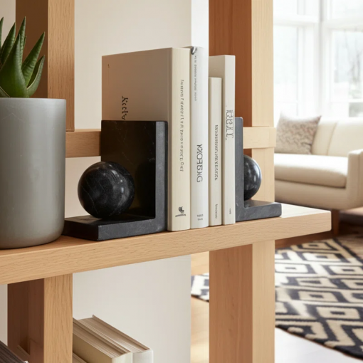modern bookends in marble with 3" orb detail – decorative book ends for stylish home decor – office display accent for organizing books, bookshelf decor, and shelf decor – 6"