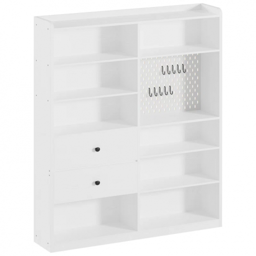 79" h x 55" w 8 cubby display book shelves with pegboard and deep drawer
