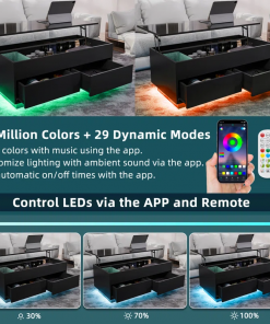 chappa lift top coffee table with multifunctional rgb led lights, hidden compartment and drawers