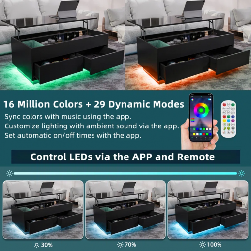 chappa lift top coffee table with multifunctional rgb led lights, hidden compartment and drawers