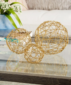 gold metal geometric wire orb decorative sculpture, set of 3 8