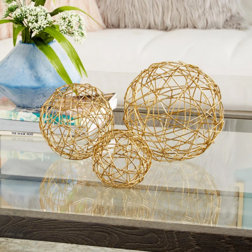 gold metal geometric wire orb decorative sculpture, set of 3 8", 6", 4"d