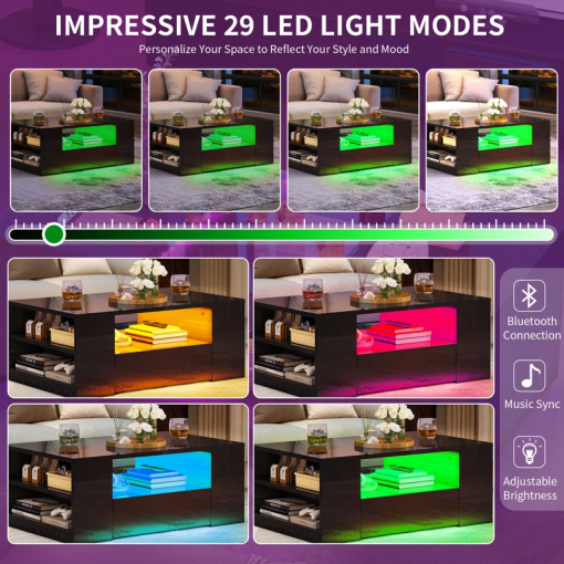 led high gloss finish coffee table with 2 drawers open shelves storage
