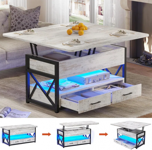 themistocles lift top wheel coffee table with drawers rgb led lights hidden compartment