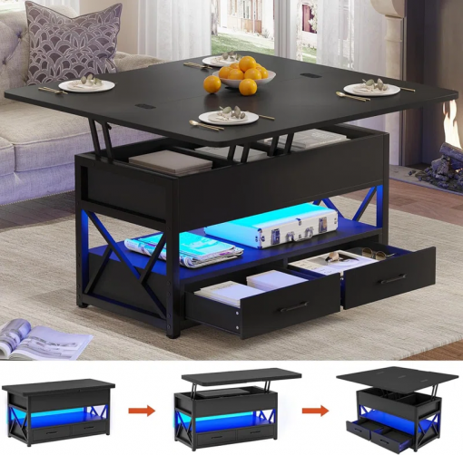 themistocles lift top wheel coffee table with drawers rgb led lights hidden compartment
