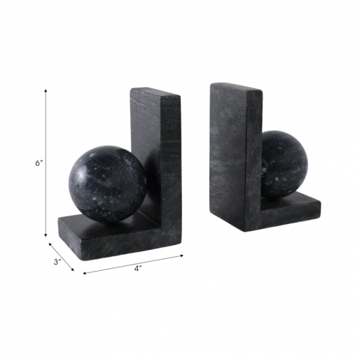 modern bookends in marble with 3" orb detail – decorative book ends for stylish home decor – office display accent for organizing books, bookshelf decor, and shelf decor – 6"