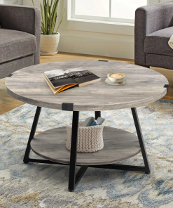 jahaira round coffee table with 2 tier storage shelves