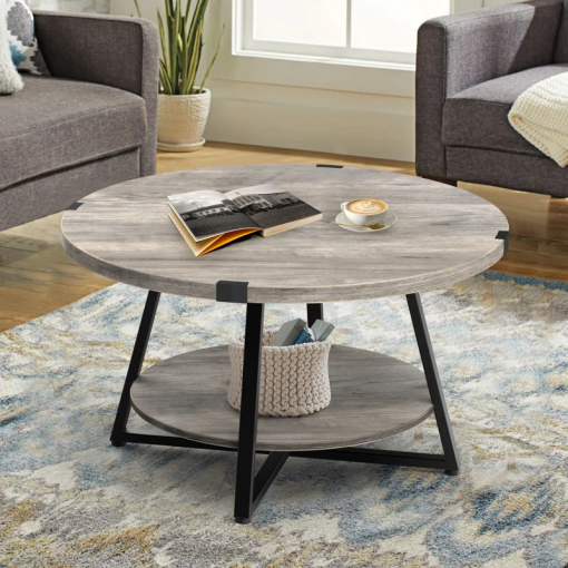 jahaira round coffee table with 2 tier storage shelves