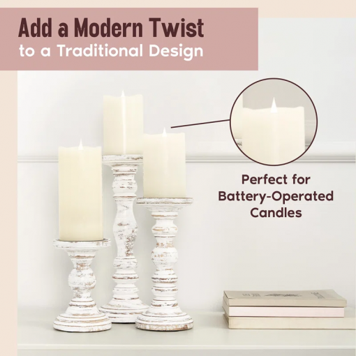 12'' handcrafted mango wood pillar candle holder set – rustic 3 piece set for led candles