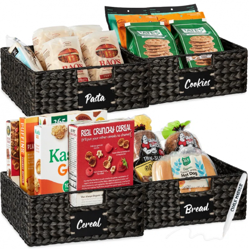 13in woven water hyacinth pantry baskets w/ chalkboard label, chalk marker
