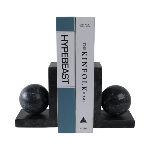 modern bookends in marble with 3" orb detail – decorative book ends for stylish home decor – office display accent for organizing books, bookshelf decor, and shelf decor – 6"