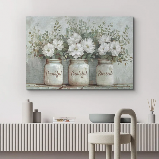 bottled plant thankful grateful blessed inspirational green floral rustic mason jar large canvas print wall art