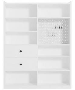 79" h x 55" w 8 cubby display book shelves with pegboard and deep drawer