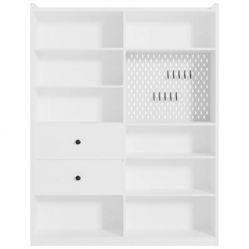 79" h x 55" w 8 cubby display book shelves with pegboard and deep drawer