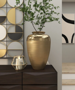 aluminum metal brushed decorative gold vase with hammered top