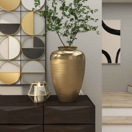 aluminum metal brushed decorative gold vase with hammered top