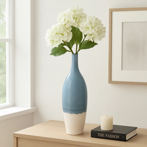 romilly decorative flower vase for home decor – large flower vase for entryway or living room display – tall vase for contemporary or transitional spaces – blue and white