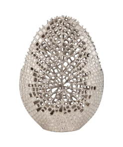 decorative aluminum vase with organic cutout design sculptural metal accent piece modern abstract openwork motif freestanding etched detailing artisan style vase contemporary home decor element.