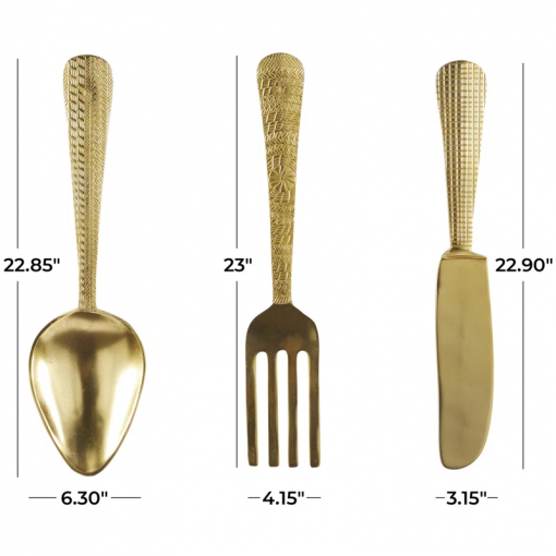 aluminum metal knife, spoon and fork utensils gold wall decor set