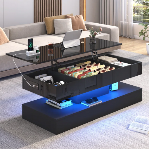 47.2" large lift top led modern high glossy coffee table with charging station