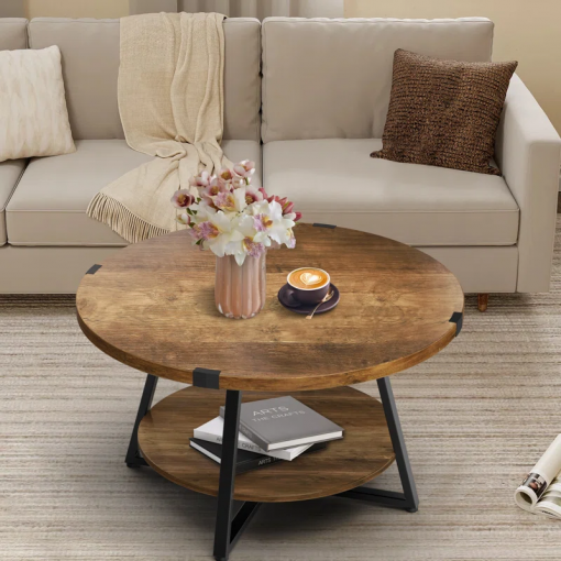 jahaira round coffee table with 2 tier storage shelves