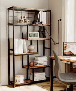 suva bookshelves and bookcases 6 shelf etagere bookcase, industrial open display shelves geometric bookcase with sturdy metal frame