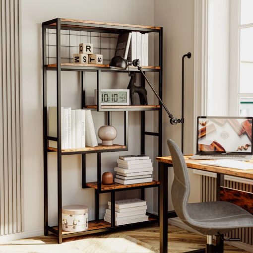 suva bookshelves and bookcases 6 shelf etagere bookcase, industrial open display shelves geometric bookcase with sturdy metal frame