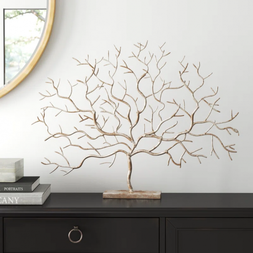 silver metal tree decorative sculpture, 32" x 4" x 24"