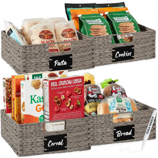 13in woven water hyacinth pantry baskets w/ chalkboard label, chalk marker