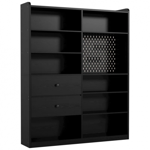 79" h x 55" w 8 cubby display book shelves with pegboard and deep drawer
