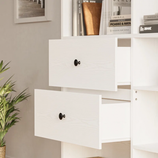 79" h x 55" w 8 cubby display book shelves with pegboard and deep drawer