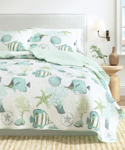 blue / green fish & seashell quilt set with shams